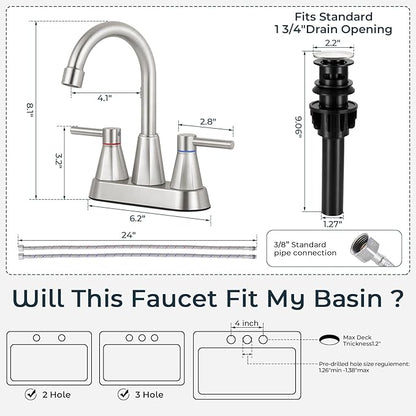 4 inches Bathroom Faucet for 3 Hole,2-Handle Bathroom Sink Faucets with Pop Up Drain (Brush Nickel)