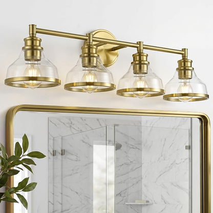 kudos 4-Light Brushed Gold Vanity Light, Clear Glass Shade | 33" bathroom light fixtures over mirror, upward or downward, E26 base, bulbs not included, Hardwired, KDVL20-GD-4