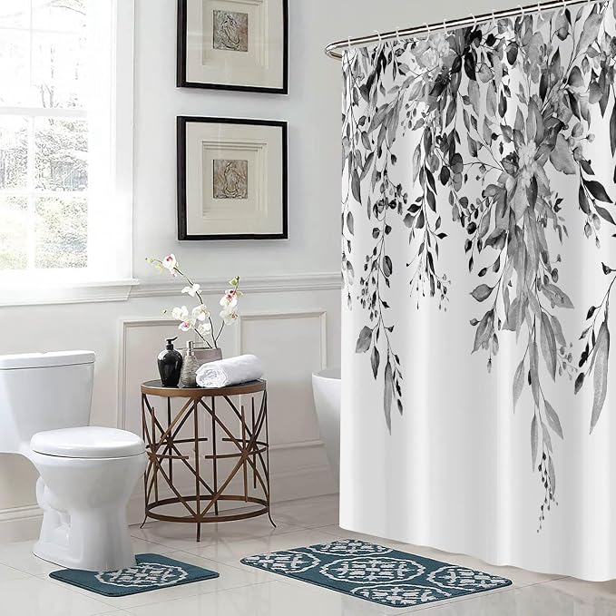 Eucalyptus Shower Curtain, Watercolor Black Leaves on The Top Plant with Floral Bathroom Curtain Bathtub Home Decor Waterproof Fabric Machine Washable with 12 Hooks