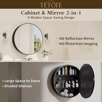 TETOTE 24 x 24 Inch Medicine Cabinet Mirror Black Framed Round Mirrored Medicine Cabinets for Bathroom Adjustable Shelves Modern Bathroom Mirror with Storage Wall Mounted