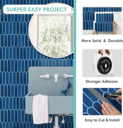 Commomy Thicker Navy Blue Peel and Stick Backsplash - 10 pcs of 12" x 12" - 3D Adhesive Peel and Stick Tiles Backsplash for Kitchen, Bathroom, Removable, Waterproof, Vinyl Wall Tile