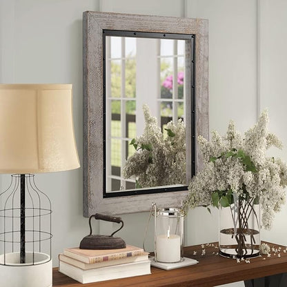 YOSHOOT Rustic Wooden Framed Wall Mirror, 32"x24", Natural Wood and Iron Bathroom Vanity Mirror for Farmhouse Decor, Vertical or Horizontal Hanging