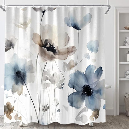 Sanzugh Boho Floral Extra Long Shower Curtain, Cream Tan Beige Blue Grey White Watercolor Flower Fabric Shower Curtains Set for Bathroom Decoration with Hooks 72 X 83 inch Cute Farmhouse Bath Decor