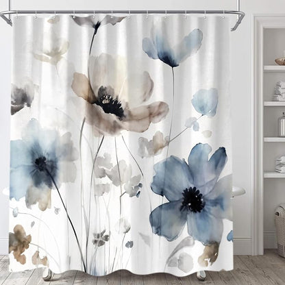 Sanzugh Boho Floral Long Shower Curtain, Cream Tan Beige Blue Grey White Watercolor Flower Fabric Shower Curtains Set for Bathroom Decoration with Hooks 72 X 78 inch Cute Farmhouse Bath Decor