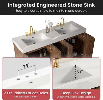 60 Inch Bathroom Vanity with Double Sink, Freestanding Double Sink Bathroom Vanity with White Engineered Stone Top, Open Storage Cabinet & Adjustable Shelf, Walnut (3 Holes)