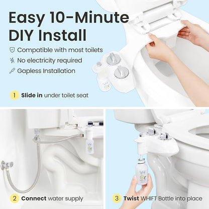 LUXE Bidet WHIFT 185 Bidet - Deodorizing EZ-Lift Bidet Attachment, White | Non-Electric, Built-In Deodorizing Spray, Cold Water, Lemon Refill Included, Easy Slide-In Install, Rear & Feminine Wash