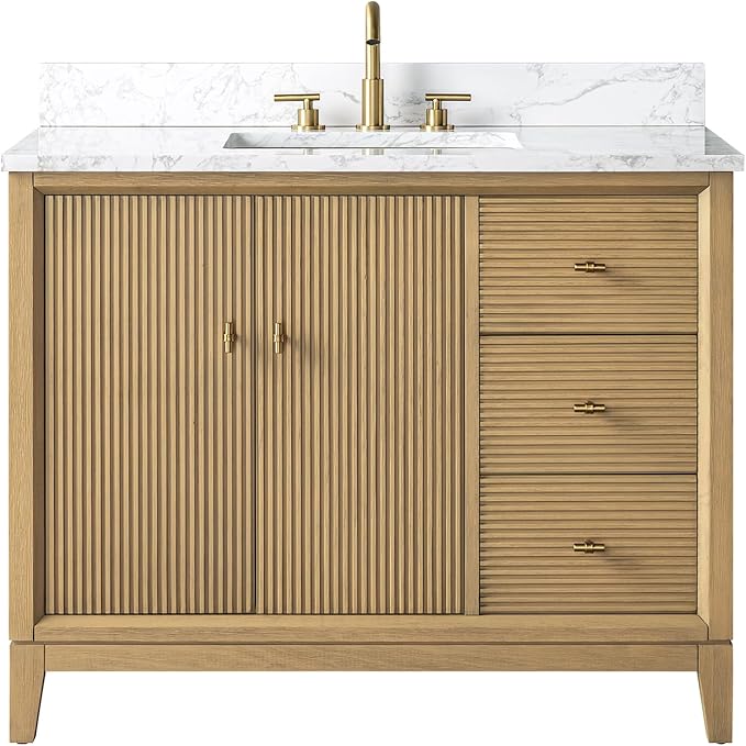 Vanity Art 42" Bathroom Vanity with Single Sink & Arabescato White Engineered Stone Top, Vanity Cabinet with Soft Closing Door, Solid Wood Frame, Golden Brushed Handles, Natural Oak VA8142-NO-GB