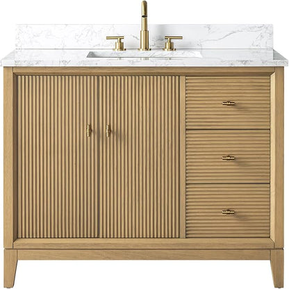 Vanity Art 42" Bathroom Vanity with Single Sink & Arabescato White Engineered Stone Top, Vanity Cabinet with Soft Closing Door, Solid Wood Frame, Golden Brushed Handles, Natural Oak VA8142-NO-GB