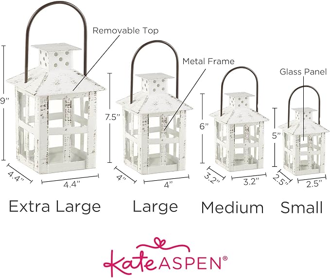Kate Aspen 9 Inch White Vintage Distressed Rustic Candle Holder Decorative Lantern, Wedding Decoration, Farmhouse Decor, Table Centerpiece, Home Shelf Decor