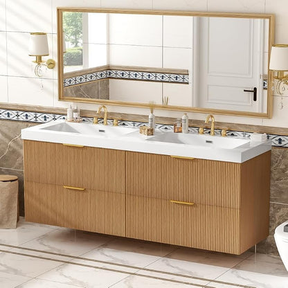 60 Inch Natural Color Floating Double Sink Bathroom Vanity with SMC Countertop and 4 Divided Drawers for Medium or Large Bathroom Room, Painted MDF Cabinet, Wall-Mounted