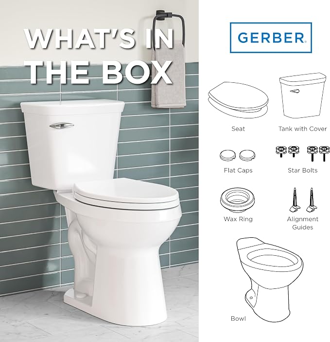 Gerber Viper Force Elongated Two-Piece Toilet, Soft-Close Seat, White | Strong flush clears the bowl every time | Seat lifts off in seconds for easy cleaning | Tool-free install kit included