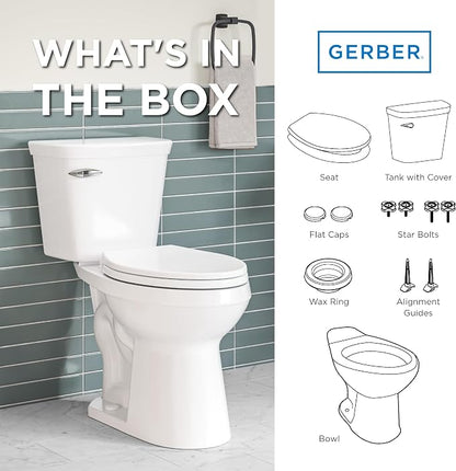 Gerber Viper Force Elongated Two-Piece Toilet, Soft-Close Seat, White | Strong flush clears the bowl every time | Seat lifts off in seconds for easy cleaning | Tool-free install kit included