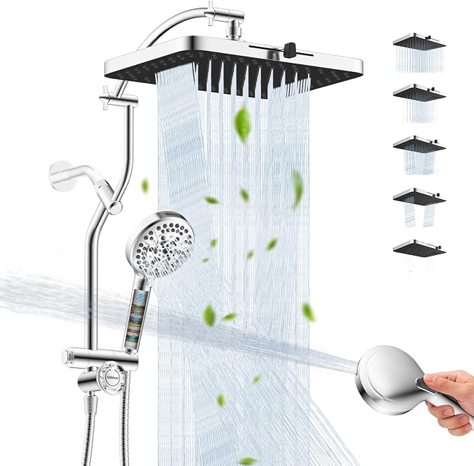 Hibbent 13'' Rain Showerhead Combo, 10 Mode Filtered Handheld Spray, Chrome | High Pressure 5-Spray Showerhead, 4-way Diverter, Upgraded Heightened All Metal Extension Arm, 71'' Hose & Holder, Easy Reach
