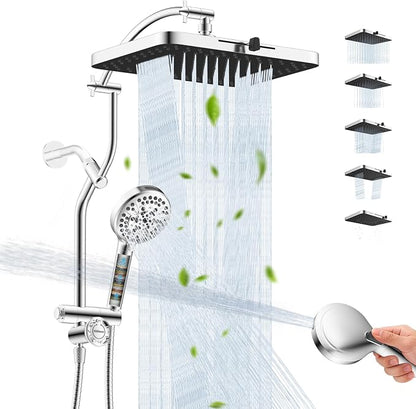 Hibbent 13'' Rain Showerhead Combo, 10 Mode Filtered Handheld Spray, Chrome | High Pressure 5-Spray Showerhead, 4-way Diverter, Upgraded Heightened All Metal Extension Arm, 71'' Hose & Holder, Easy Reach