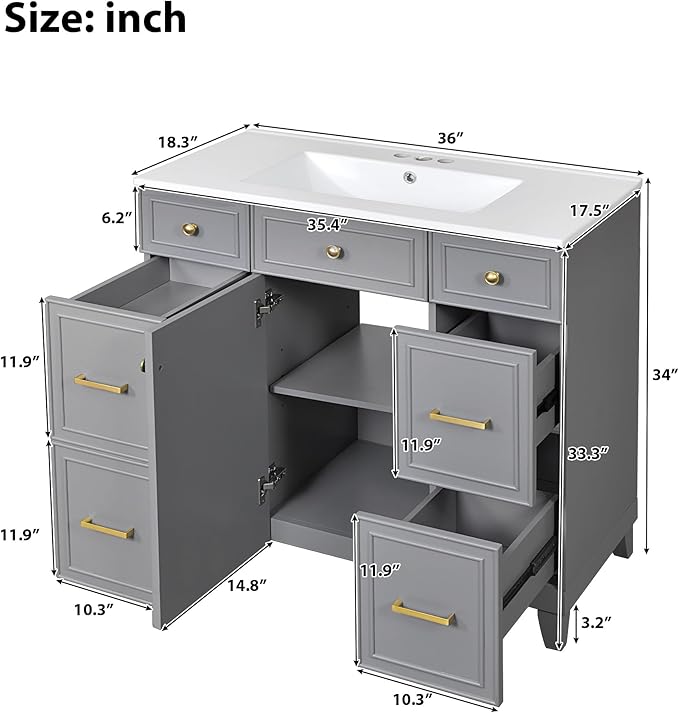 LUMISOL 36" Bathroom Vanity with Sink Top, Modern Bathroom Vanities with 3 Drawers & Cabinet, Solid Wood Bathroom Cabinet with Undermount Basin Sink, Grey