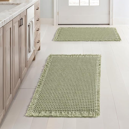 MIULEE Set of 2 Waffle Bathroom Rugs Boho Bath Mat Sage Green 17x24 Inch | Non Slip, Super Absorbent, Washable, Ultra Soft, Rubber Backed, Small Bath Rugs for Bathroom Floor Tub Shower