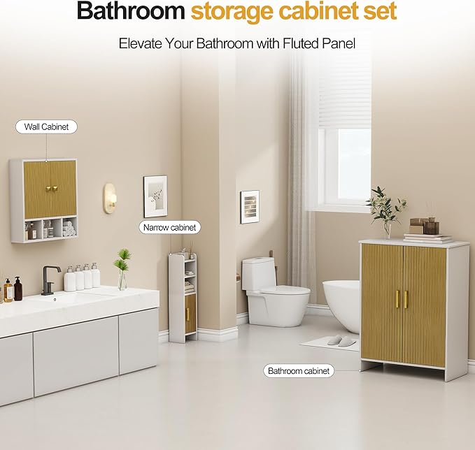 Bathroom Wall Cabinet,Wooden Medicine Cabinet with Fluted Doors Over The Toilet Storage Cabinet with Adjustable Shelf for Bathroom,White