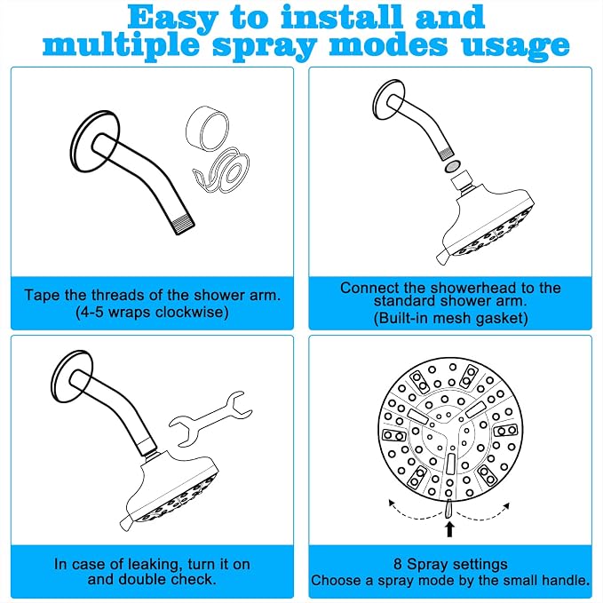 5.1-Inch Rainfall Shower Head with 63 Jets, 8 Spray Modes - Chrome Finish, Brass Angle-Adjustable, Anti-Clogging Silicone Nozzles