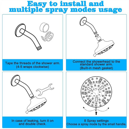 Shower Head, REHAVE Rainfall ShowerHead, 5.1 Inches High-Pressure with 63 Jets 8 Spray Modes - Replacement for Bathroom Shower Heads - Anti-Clogging Silicone Nozzles, Brass Angle-adjustable Ball Joint