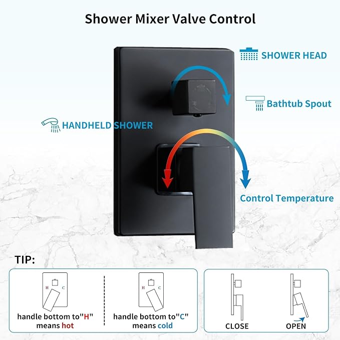 10 Inch Shower Faucet Set, Wall-Mounted Rainfall Shower System with High Pressure Handheld Shower Head, Bathroom Mixer Shower Set Rough-in Valve and Trim Kit, with Tub Spout, Black