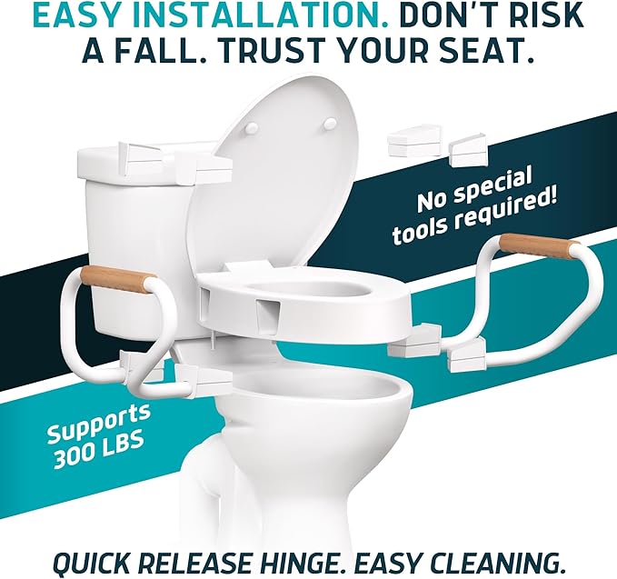 Lunderg Raised Toilet Seat with Handles - Elongated - Easy to Install Toilet Seat Risers for Seniors - Adds 3 Inches & Works like the one you’ve always used - Elegant design - No Hospital Vibe