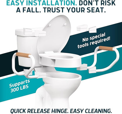 Lunderg Raised Toilet Seat with Handles - Elongated - Easy to Install Toilet Seat Risers for Seniors - Adds 3 Inches & Works like the one you’ve always used - Elegant design - No Hospital Vibe