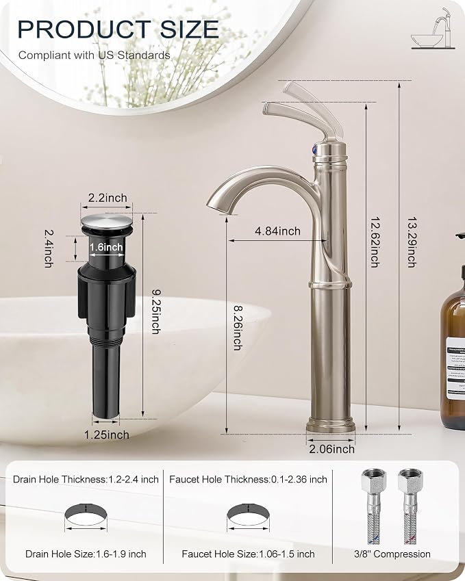 Brass Vessel Faucet Brushed Nickel, 1 Hole Tall Faucet for Bathroom Sink with Single Handle, Pop Up Drain & cUPC Water Hoses, Classic Aerator Style for Vessel Sink, 5 Mins Quick Installation