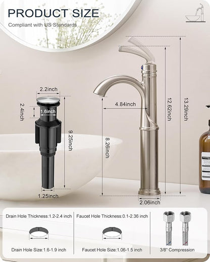 Brass Vessel Faucet Brushed Nickel, 1 Hole Tall Faucet for Bathroom Sink with Single Handle, Pop Up Drain & cUPC Water Hoses, Classic Aerator Style for Vessel Sink, 5 Mins Quick Installation