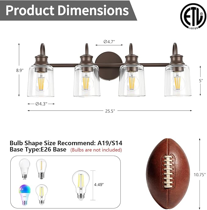 4 Lights Bathroom Light Fixture Oil Rubbed Bronze Vanity Lights | ETL Certificate, Easy to Install,Wall Mount Up or Down,Thickened Glass Lampshade,E26 Socket,Hardwired