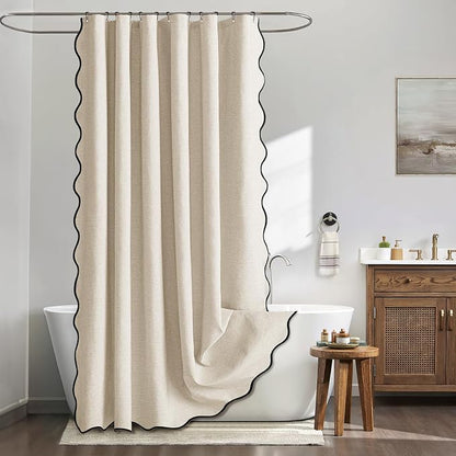 MIULEE 72"x108" Extra Long Scalloped Linen Shower Curtain Cream | Linen Textured, Waterproof, Washable, 12 Metal Hooks, Heavy Duty Cloth, Black Border, Shower Curtain for Bathroom Bathtub