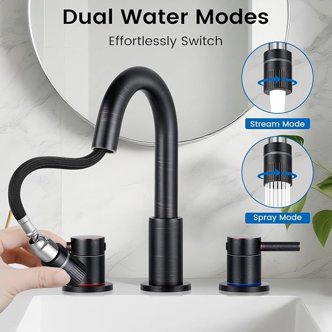 Pull-Down Bathroom Faucet 3 Hole 8 Inch with Pop-Up Drain,Oil Rubbed Bronze | 360° Swivel Spoutr & Dual Modes,8" Widespread 2-Handle, Pop-Up Drain & 10-Min Install for 3-Hole Bathroom Sink Faucets.