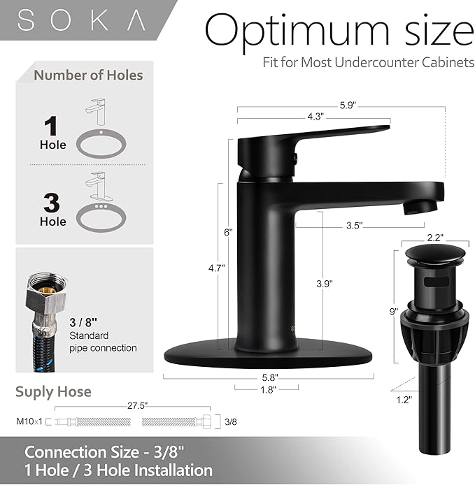 Brass Bathroom Faucet Matte Black with Pop-up Sink Drain Stopper & Deck Plate - 1 or 3 Hole Single Handle RV Faucet