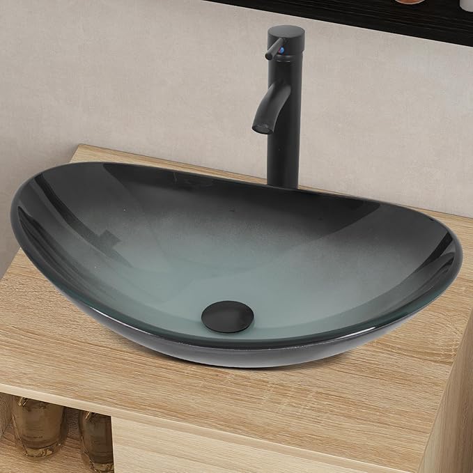 YOURLITE Bathroom Vanity, Black Clear Glass Sink, Wall-Mounted, 24" Floating Bathroom Cabinet with Mirror, Shelves & Faucet