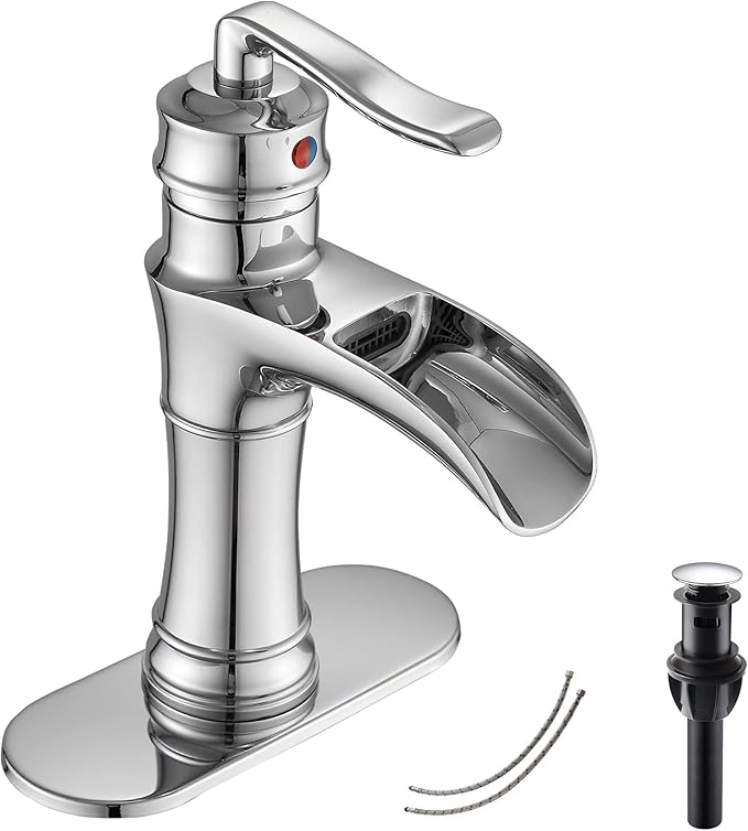 Chrome Bathroom Faucet Waterfall GGStudy Single Handle One Hole Farmhouse Bathroom Vanity Faucet Basin Mixter Tap Deck Mount with Drain Assembly