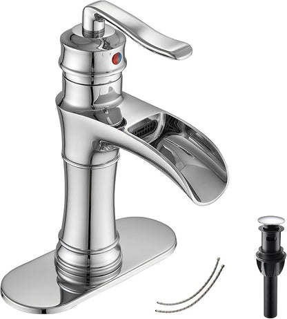 Chrome Bathroom Faucet Waterfall GGStudy Single Handle One Hole Farmhouse Bathroom Vanity Faucet Basin Mixter Tap Deck Mount with Drain Assembly