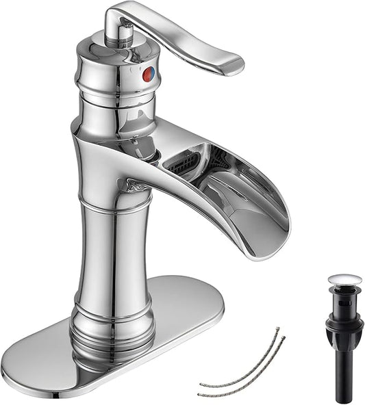 Chrome Bathroom Faucet Waterfall GGStudy Single Handle One Hole Farmhouse Bathroom Vanity Faucet Basin Mixter Tap Deck Mount with Drain Assembly