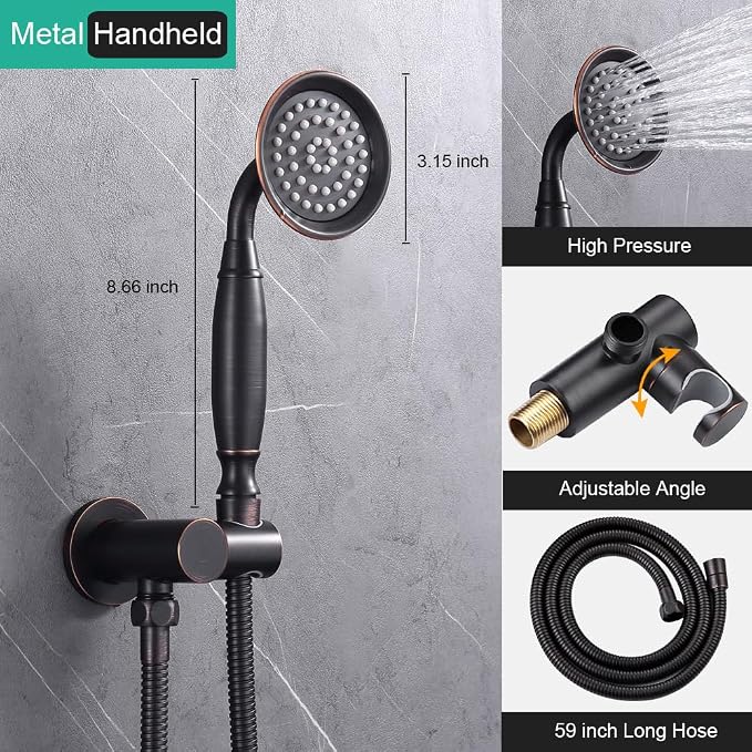 Dual Rain Shower Head System with Handheld Antique Faucet Set | Oil Rubbed Bronze Finish, Multi-layer Plating, Vintage Rainfall, 3 Way Diverter Brass Valve with Trim Kit, Easy Install