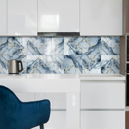 10 Sheets Marble Peel and Stick Backsplash Tile, 12"x12" Waterproof PVC Self Adhesive Tile Shower Wall Panels for Bathroom, Kitchen, Living Room (Metallic Blue) | Adhesive tiles kitchen bathroom PVC tiles self-adhesive kitchen back wall tiles self-adhe...