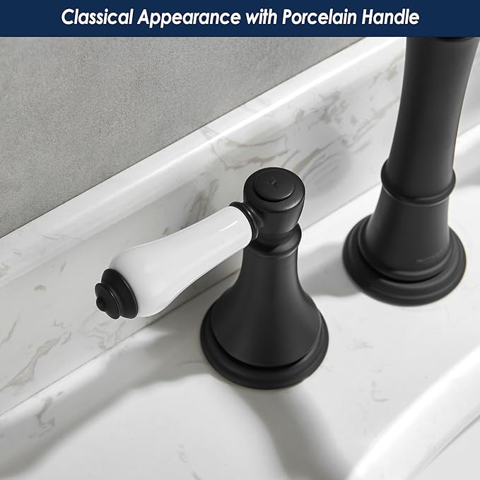 Porcelain 2-Handle Bathroom Faucet Matte Black 8 inch Widespread with Plastic Pop-Up Drain & 2Pcs Water Supply Lines, Classical 3-Hole Vanity Sink Faucets, High Arc 360° Swivel Brass Spout