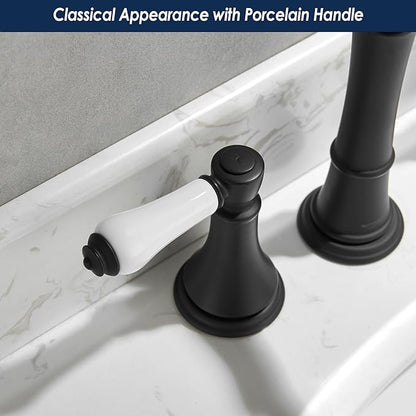 Porcelain 2-Handle Bathroom Faucet Matte Black 8 inch Widespread with Plastic Pop-Up Drain & 2Pcs Water Supply Lines, Classical 3-Hole Vanity Sink Faucets, High Arc 360° Swivel Brass Spout