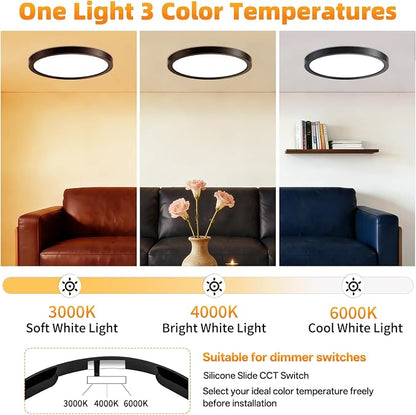 7Inch 2Pack LED Flush Mount Ceiling Light,3CCT,ETL Listed,Dimmable Black | Hardwired 3CCT Selectable 3000K-6000K,18W 1400LM Dimmable Round Flat Panel Light Fixture for Bedroom/Kitchen,Bathroom&Indoor