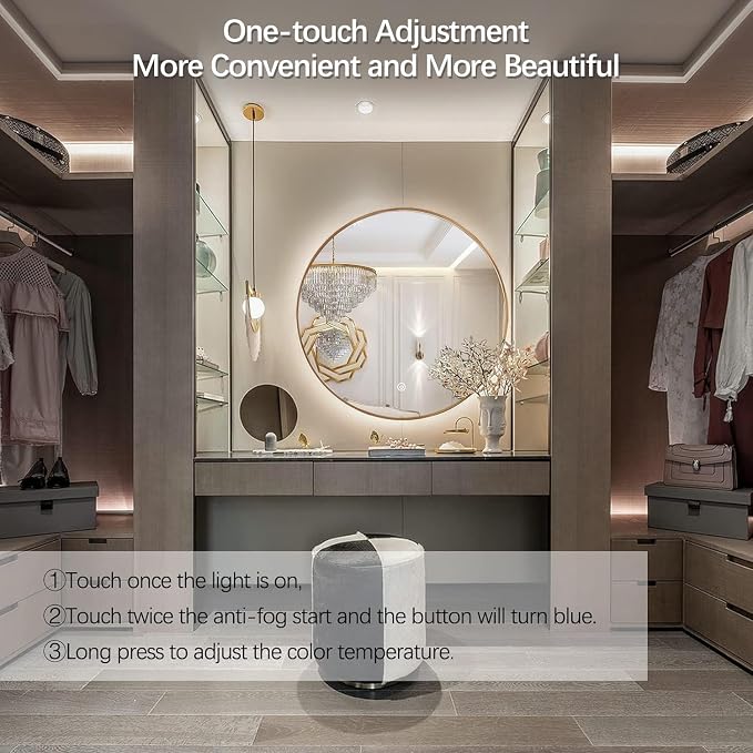 Niccy Round LED Bathroom Mirrors, Gold Framed Backlit Vanity Mirror, 30" | LED Smart Circle Mirror with 3 Color Lighting, Anti-Fog Lighted, IP65 Waterproof, Wall Mounted Bathroom Vanity