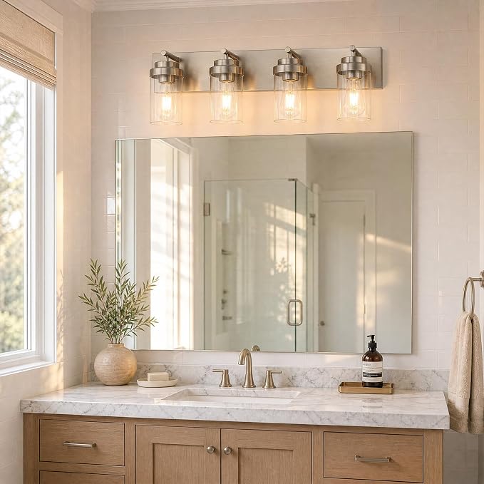 4-Light Bathroom Light Fixtures, Brushed Nickel Vanity Lights | Modern Bathroom Lighting Fixtures Over Mirror, Vanity Lights for Bathroom, Mirror, Restroom, Bedroom, E26