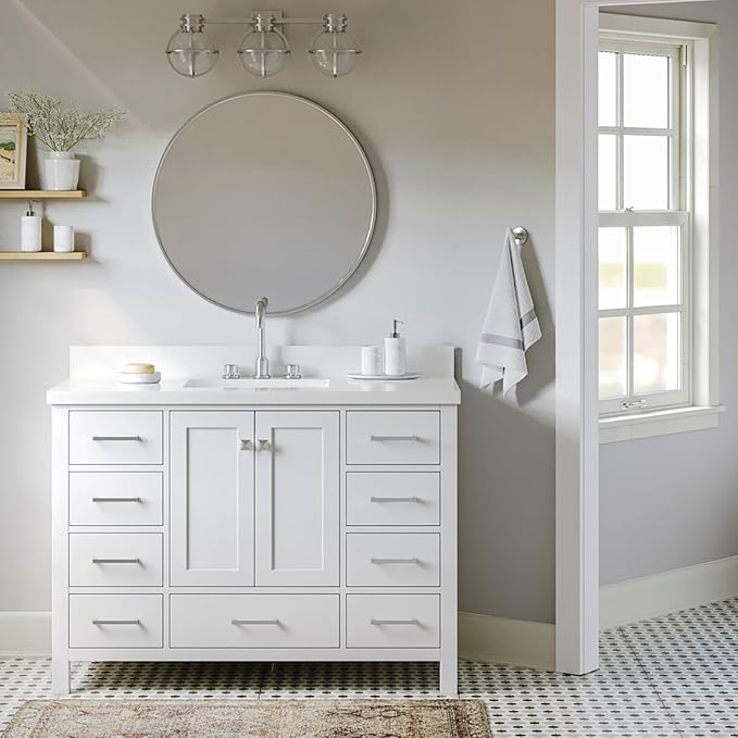 ARIEL Cambridge 48-inch Bathroom Vanity Base Cabinet,Solid Wood, 2 Soft Closing Doors, 9 Dovetail Drawers, White