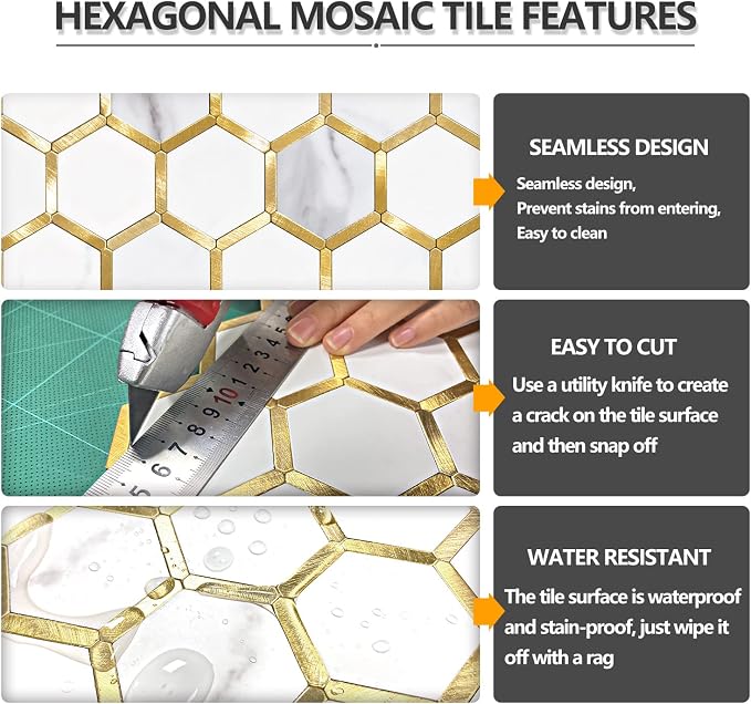 STICKGOO Hexagon Peel and Stick Backsplash Tile, Stick on Backsplash for Kitchen and Bathroom, White Marble Look PVC Mixed Metal Gold Self Adhesive Metal Mosaic Tiles(Sample, Seamless)