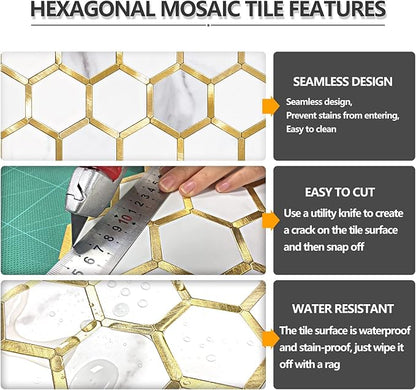 STICKGOO Hexagon Peel and Stick on Backsplash for Kitchen and Bathroom, White Marble Look PVC Mixed Metal Gold Self Adhesive Metal Mosaic Tiles(10 Sheets, Seamless)