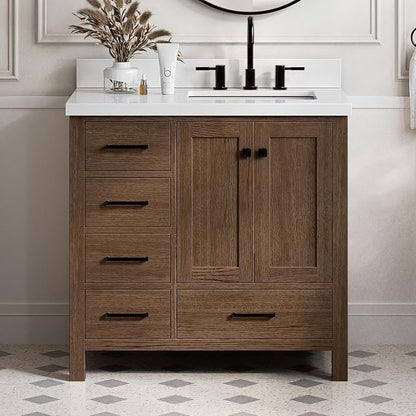 ARIEL Cambridge 36-inch Bathroom Vanity with Sink,Solid Wood, 1.5-inch Pure White Quartz Countertop, Single Rectangular Porcelain Sink, 2 Soft Closing Doors, 5 Dovetail Drawers, Brown Oak