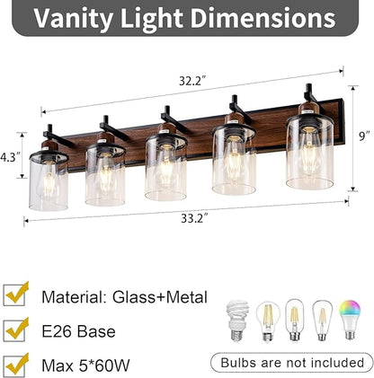 5-Light Farmhouse Bathroom Light Fixtures Vintage Bathroom Vanity Lights Over Mirror Black and Wood Painted Metal Vanity Light for Bathroom with Glass Shades E26 Socket
