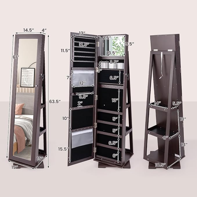 CHARMAID 360° Swivel Jewelry Armoire with Full Length Mirror, Standing Lockable Jewelry Cabinet Organizer, Large Storage Capacity, Inside Makeup Mirror, Back Storage Shelves (Espresso)