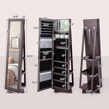 CHARMAID 360° Swivel Jewelry Armoire with Full Length Mirror, Standing Lockable Jewelry Cabinet Organizer, Large Storage Capacity, Inside Makeup Mirror, Back Storage Shelves (Espresso)
